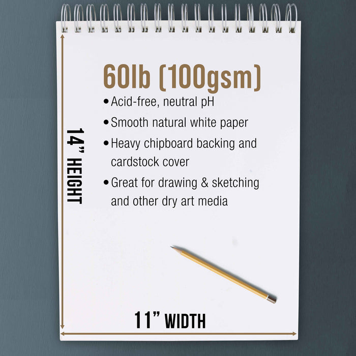 11"x14" Top Spiral Bound Sketch Book, 2 Pack, 100 Sheets Each, 60lb (100gsm), Acid-Free, Artist Sketchbook, Drawing Pad for Adults & Students