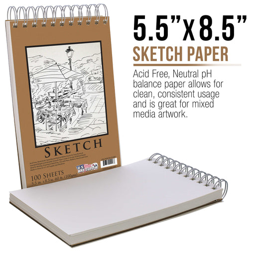 5.5" x 8.5" Premium Spiral Bound Sketch Pad, Pad of 100-Sheets, 60 Pound (100gsm) (Pack of 2 Pads)