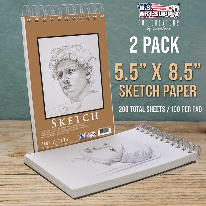 5.5"x8.5" Top Spiral Bound Sketch Book, 2 Pack, 100 Sheets Each, 60lb (100gsm), Acid-Free, Artist Sketchbook, Drawing Pad for Adults & Students
