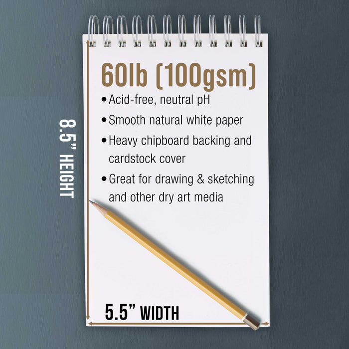 5.5"x8.5" Top Spiral Bound Sketch Book, 2 Pack, 100 Sheets Each, 60lb (100gsm), Acid-Free, Artist Sketchbook, Drawing Pad for Adults & Students