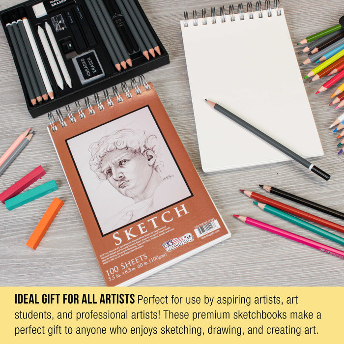 5.5"x8.5" Top Spiral Bound Sketch Book, 2 Pack, 100 Sheets Each, 60lb (100gsm), Acid-Free, Artist Sketchbook, Drawing Pad for Adults & Students
