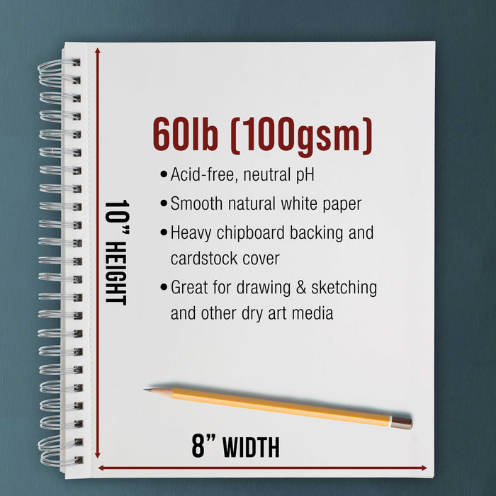 8"x10" Sketch Book Pad, 2 Pack (100 Sheets Each), 60lb (100gsm) Spiral Bound - Sketching, Drawing Pad, Acid-Free Paper - Sketch Pads For Adults, Students: Colored Pencils, Charcoal