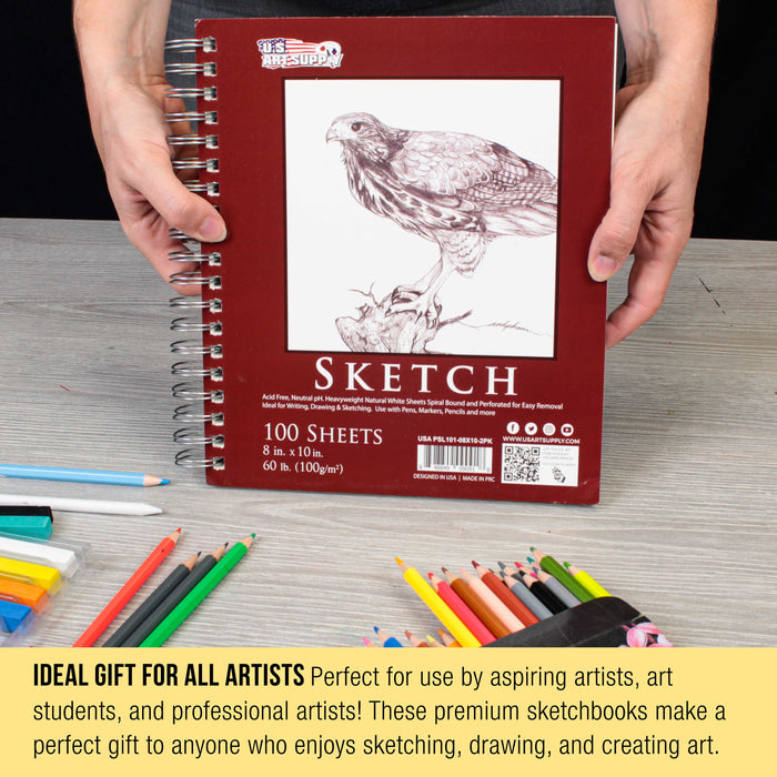 8"x10" Sketch Book Pad, 2 Pack (100 Sheets Each), 60lb (100gsm) Spiral Bound - Sketching, Drawing Pad, Acid-Free Paper - Sketch Pads For Adults, Students: Colored Pencils, Charcoal