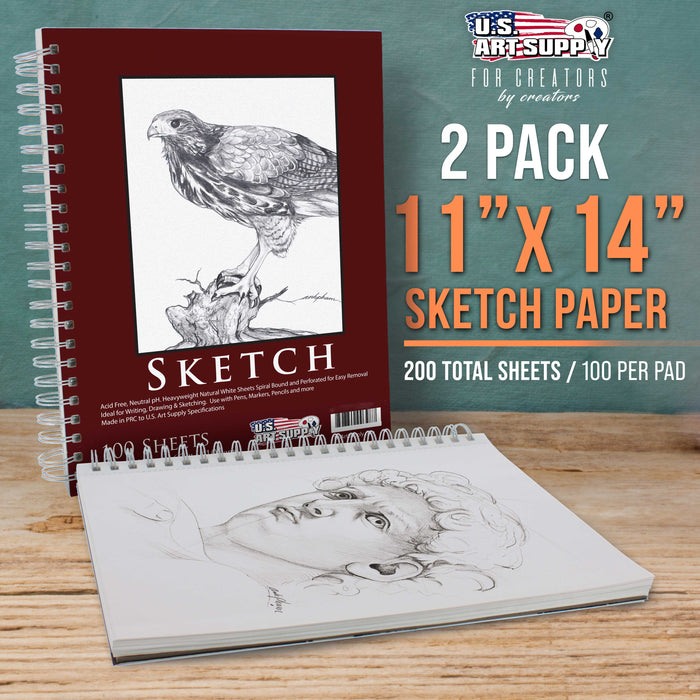 11"x14" Sketch Book Pad, 2 Pack (100 Sheets Each), 60lb (100gsm) Spiral Bound - Sketching, Drawing Pad, Acid-Free Paper - Sketch Pads For Adults, Students: Colored Pencils, Charcoal