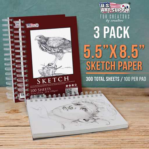 5.5"x8.5" Sketch Book Pad, 3 Pack (100 Sheets Each), 60lb (100gsm) Spiral Bound - Sketching, Drawing Pad, Acid-Free Paper - Sketch Pads For Adults, Students: Colored Pencils, Charcoal