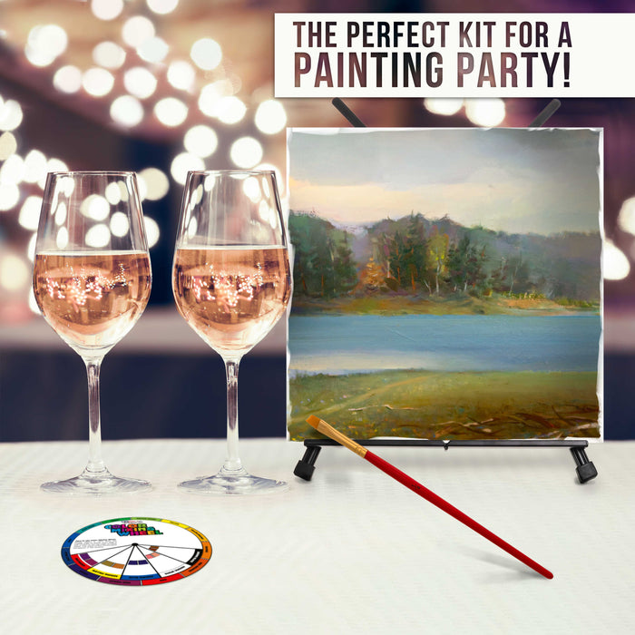 U.S. Art Supply 6-Person Wine Sip and Kids Art Painting Party Kit - 6 Easels, 12 Color Acrylic Paint Set, 12 Canvas Panels, Brush Sets Palettes Aprons