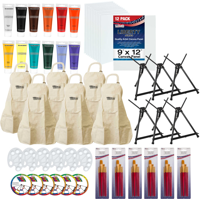 Paint and Wine Art Party Painting Kit - 6 Easels, 12 Paint Tube Set, 12 Canvas Panels, 6 Brush Sets & 6 Aprons