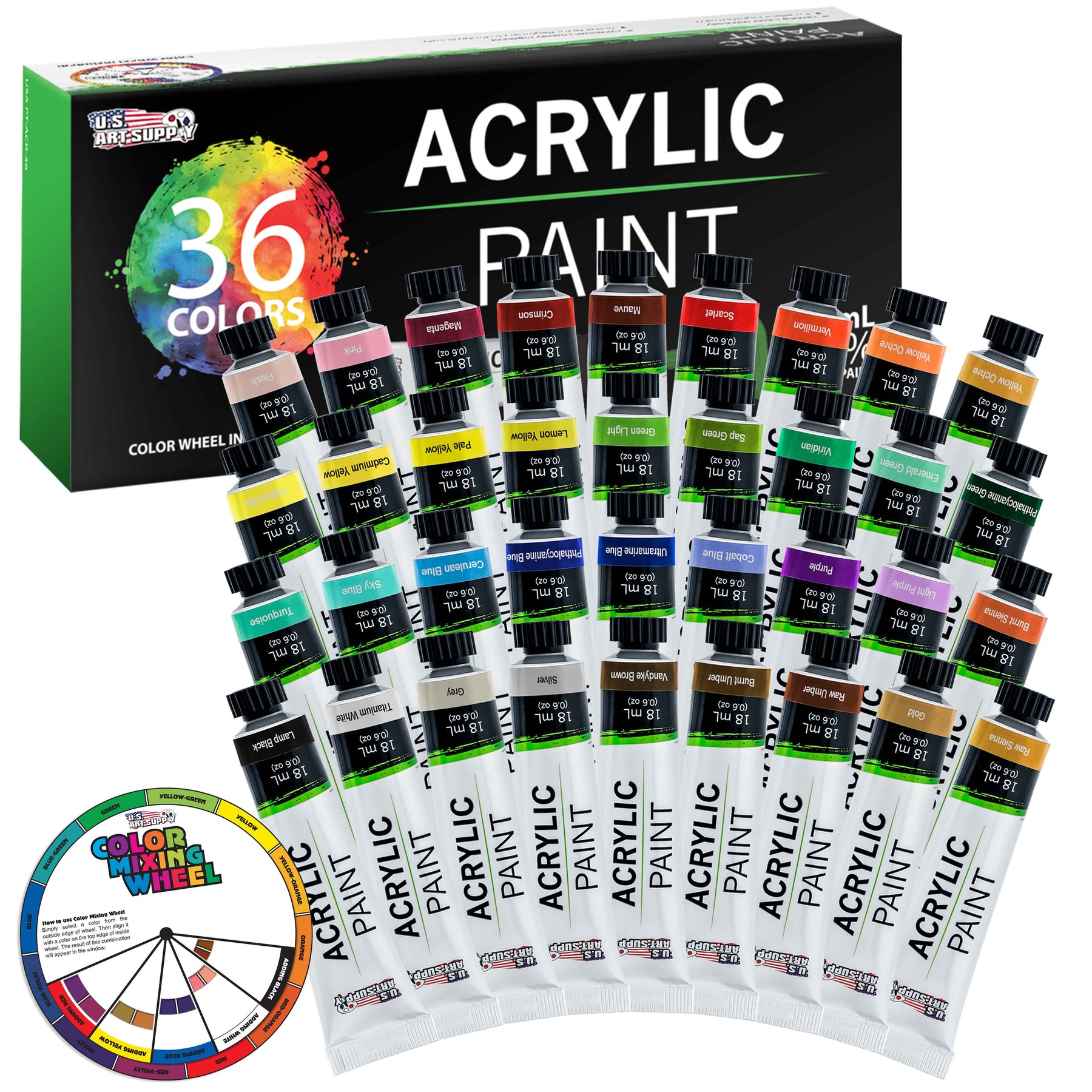 36 Color Set of Acrylic Paint In Large 18Ml Tubes Color Mixing