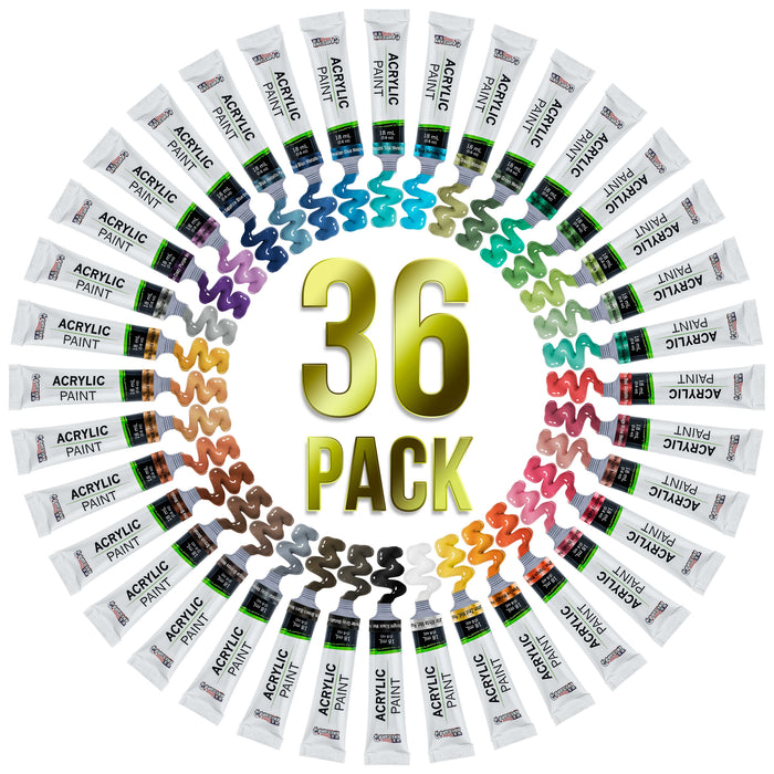 U.S. Art Supply 36-Color Metallic Acrylic Paint Set - 18ml Tubes - Acrylic Paint for Canvas Painting, Wood Crafts & Rock Painting - Color Mixing Wheel