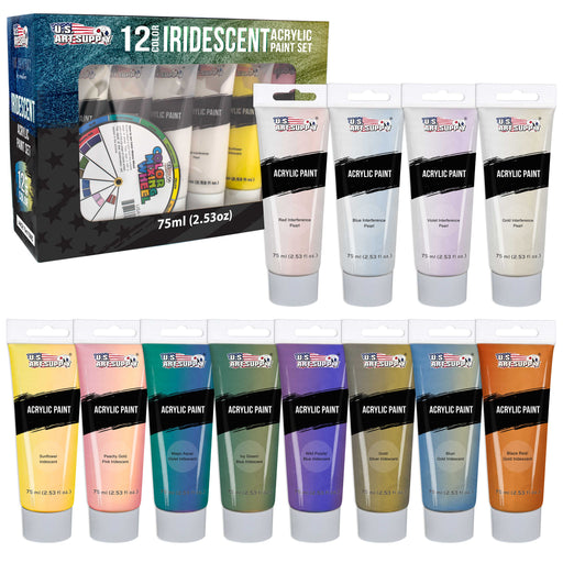 U.S. Art Supply 12-Color Iridescent Acrylic Paint Set Large 75ml Tubes - Luminescent, Chameleon, Color-Shifting Pearl Colors, Crafting Paints - Iridescent Paint Acrylics for Canvas, Wood, Rock, Paper