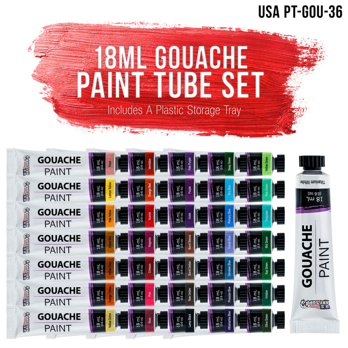 Professional 36 Color Set of Gouache Paint in Large 18ml Tubes - Bonus Color Mixing Wheel