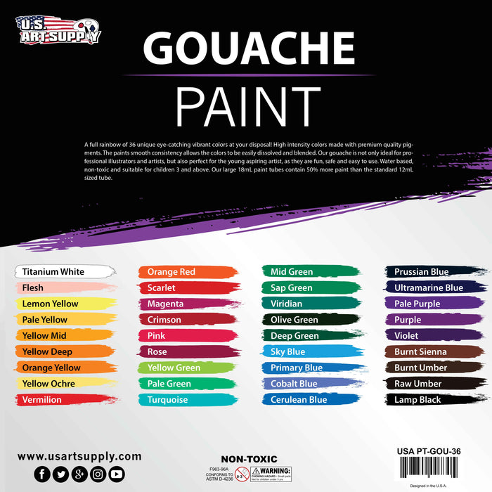 Professional 36 Color Set of Gouache Paint in Large 18ml Tubes - Bonus Color Mixing Wheel