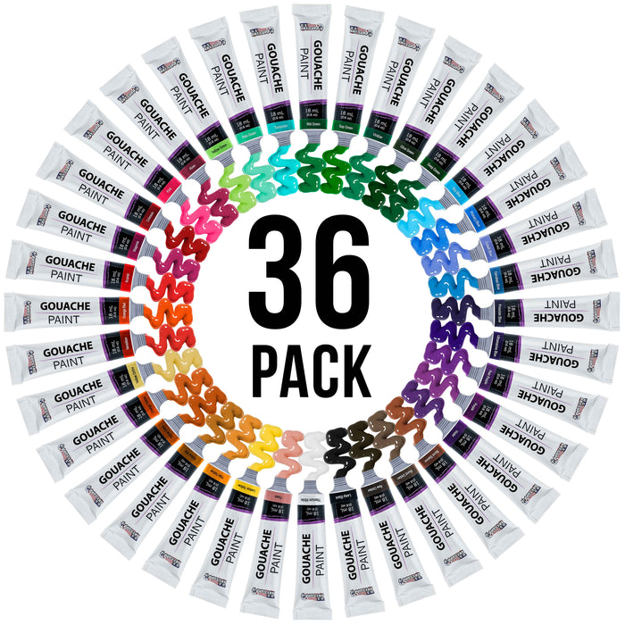 Professional 36 Color Set of Gouache Paint in Large 18ml Tubes - Bonus Color Mixing Wheel