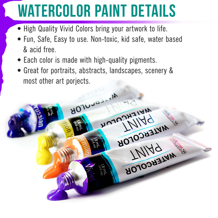 Professional 36 Color Set of Watercolor Paint in Large 18ml Tubes - Vivid Colors Kit for Artists, Students, Beginners - Canvas Portrait Paintings