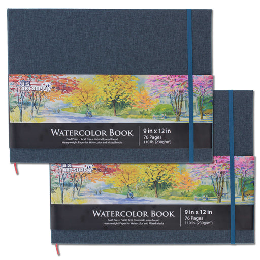 U.S. Art Supply 9" x 12" Watercolor Book, 2 Pack, 76 Sheets, 110 lb - Linen-Bound Hardcover Paper Pads, Acid-Free, Cold-Pressed Painting Sketchbook