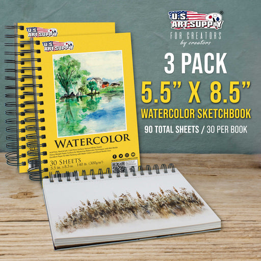 5.5" x 8.5" Premium Heavyweight Watercolor Paper Pad, Pack of 3 (30 Sheets Each), 140lb (300gsm) - Spiral Bound, Cold Pressed, Acid-Free, Wet, Water Color Paper - For Artists, Students