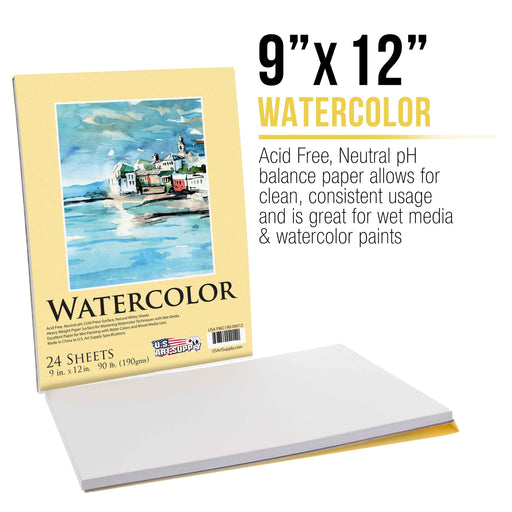 U.S. Art Supply 9" x 12" Heavyweight Watercolor Painting Paper Pad, Pack of 2, 24 Sheets Each, 90lb 190gsm - Cold Pressed, Acid-Free, Wet, Mixed Media