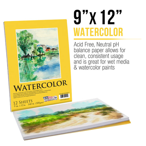 U.S. Art Supply 9" x 12" Heavyweight Watercolor Painting Paper Pad, Pack of 2, 12 Sheets Each, 140lb 300gsm, Cold Pressed, Acid-Free, Wet Mixed Media