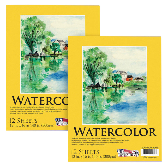 U.S. Art Supply 12" x 16" Heavyweight Watercolor Painting Paper Pad, Pack of 2, 12 Sheets Each, 140lb 300gsm, Cold Pressed Acid-Free, Wet Mixed Media