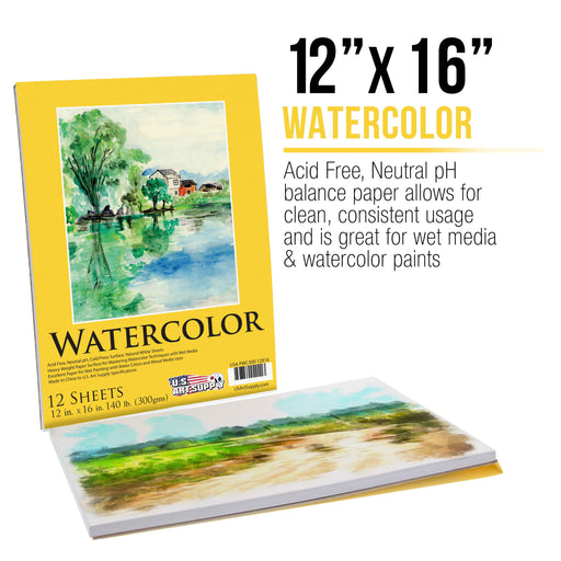 U.S. Art Supply 12" x 16" Heavyweight Watercolor Painting Paper Pad, Pack of 2, 12 Sheets Each, 140lb 300gsm, Cold Pressed Acid-Free, Wet Mixed Media