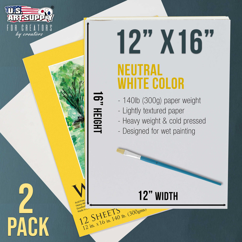 U.S. Art Supply 12" x 16" Premium Heavyweight Watercolor Paper Pad, Pack of 2 (12 Sheets Each), 140lb (300gsm) - Cold Pressed, Acid-Free, Wet, Water Color Paper - For Artists, Students