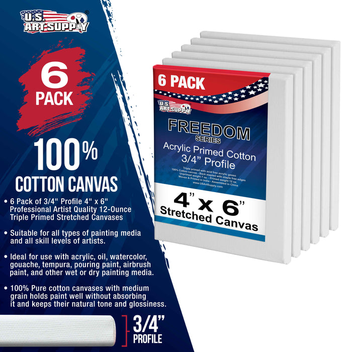 4 x 6 inch Stretched Canvas 12-Ounce Triple Primed, 6-Pack - Professional Artist Quality White Blank 3/4" Profile, 100% Cotton, Heavy-Weight Gesso