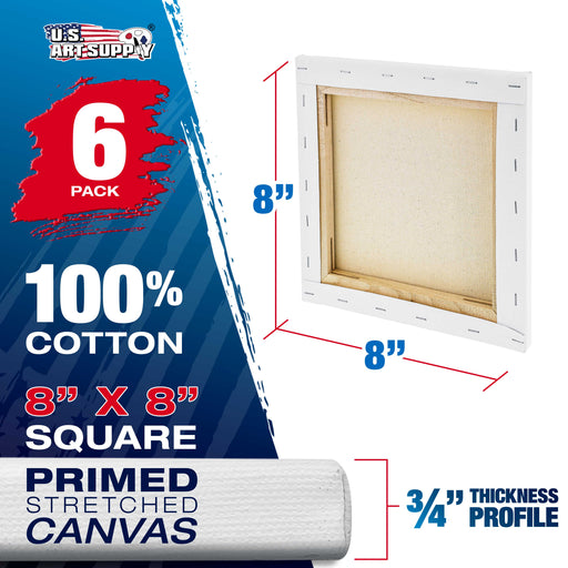 8 x 8 inch Stretched Canvas 12-Ounce Triple Primed, 6-Pack - Professional Artist Quality White Blank 3/4" Profile, 100% Cotton, Heavy-Weight Gesso