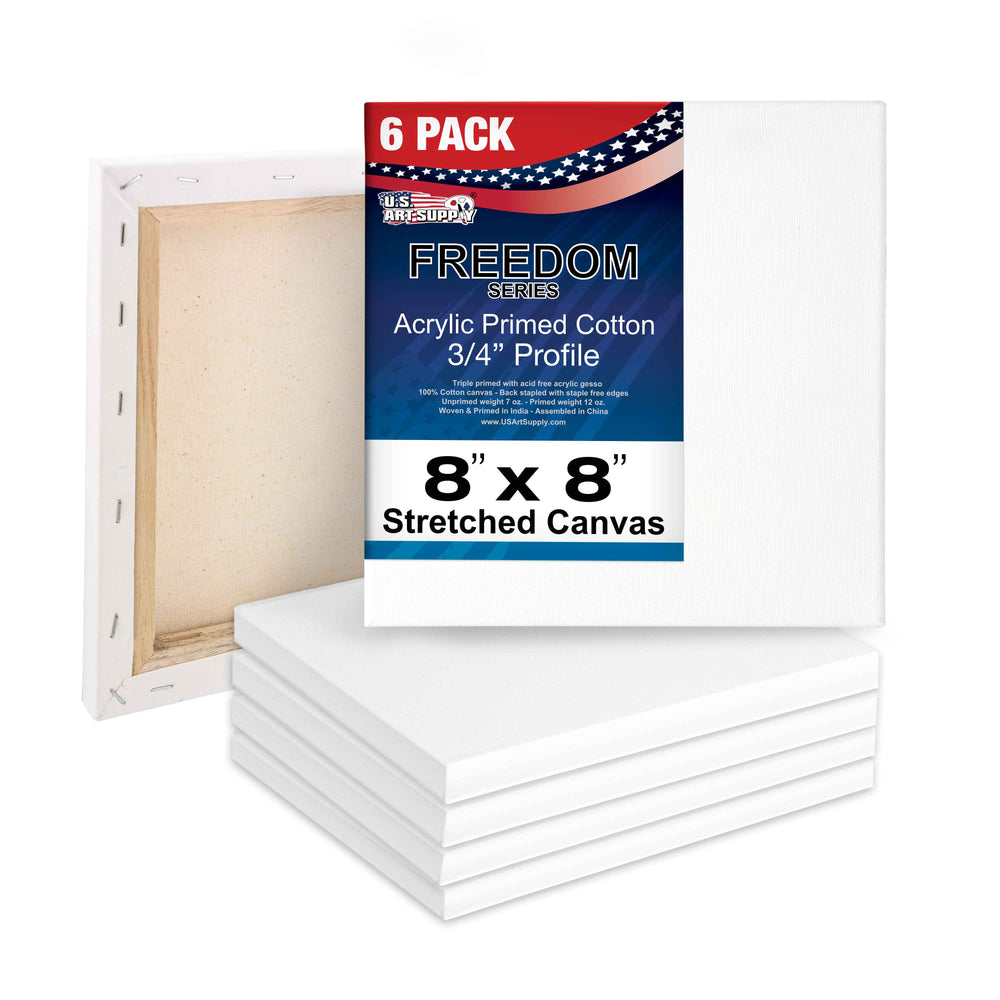 8 x 8 inch Stretched Canvas 12-Ounce Triple Primed, 6-Pack - Professional Artist Quality White Blank 3/4" Profile, 100% Cotton, Heavy-Weight Gesso