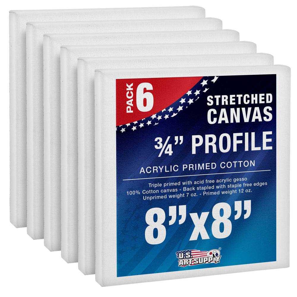 8 x 8 inch Stretched Canvas 12-Ounce Triple Primed, 6-Pack - Professional Artist Quality White Blank 3/4" Profile, 100% Cotton, Heavy-Weight Gesso