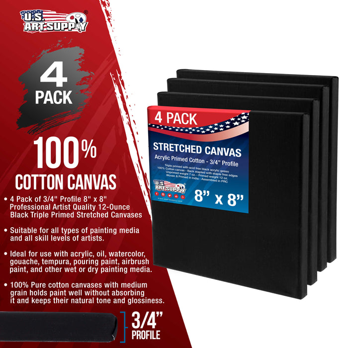 8 x 8 inch Black Stretched Canvas 12-Ounce Primed, 4-Pack - Professional Artist Quality 3/4" Profile, 100% Cotton, Heavy-Weight, Gesso