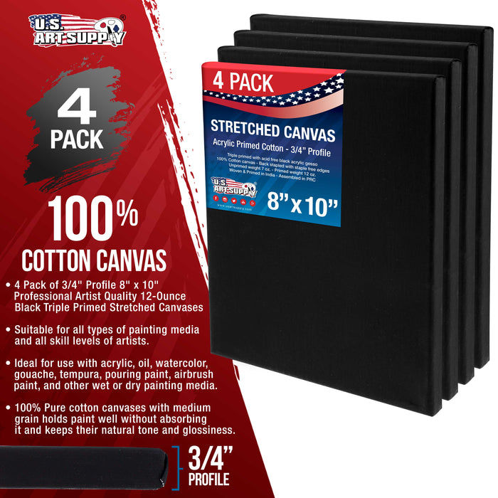 8 x 10 inch Black Stretched Canvas 12-Ounce Primed, 4-Pack - Professional Artist Quality 3/4" Profile, 100% Cotton, Heavy-Weight, Gesso