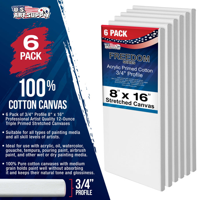 8 x 16 inch Stretched Canvas 12-Ounce Triple Primed, 6-Pack - Professional Artist Quality White Blank 3/4" Profile, 100% Cotton, Heavy-Weight Gesso
