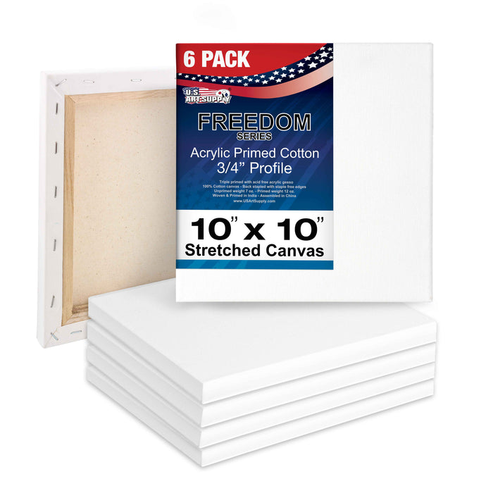 10 x 10 inch Stretched Canvas 12-Ounce Triple Primed, 6-Pack - Professional Artist Quality White Blank 3/4" Profile, 100% Cotton, Heavy-Weight Gesso