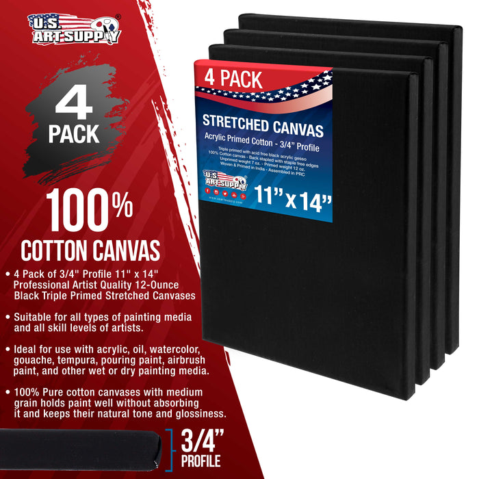 11 x 14 inch Black Stretched Canvas 12-Ounce Primed, 4-Pack - Professional Artist Quality 3/4" Profile, 100% Cotton, Heavy-Weight, Gesso