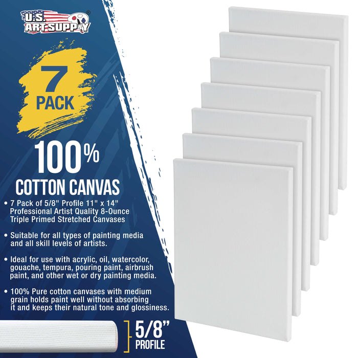11 x 14 inch Stretched Canvas Super Value 7-Pack - Triple Primed Professional Artist Quality White Blank 5/8" Profile, 100% Cotton, Heavy-Weight Gesso