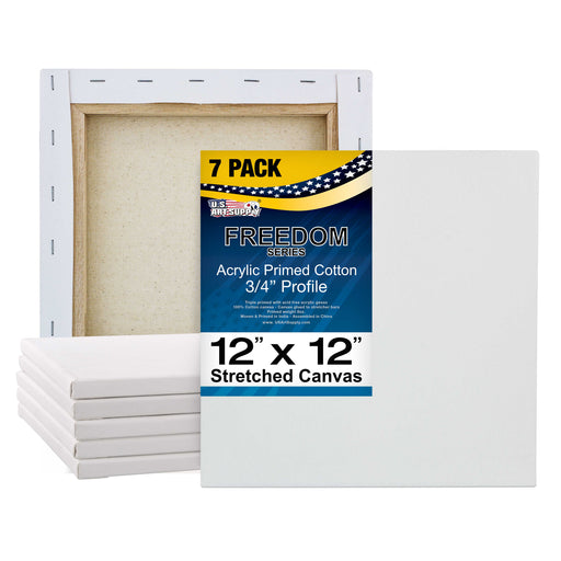 12 x 12 inch Stretched Canvas Super Value 7-Pack - Triple Primed Professional Artist Quality White Blank 5/8" Profile, 100% Cotton, Heavy-Weight Gesso