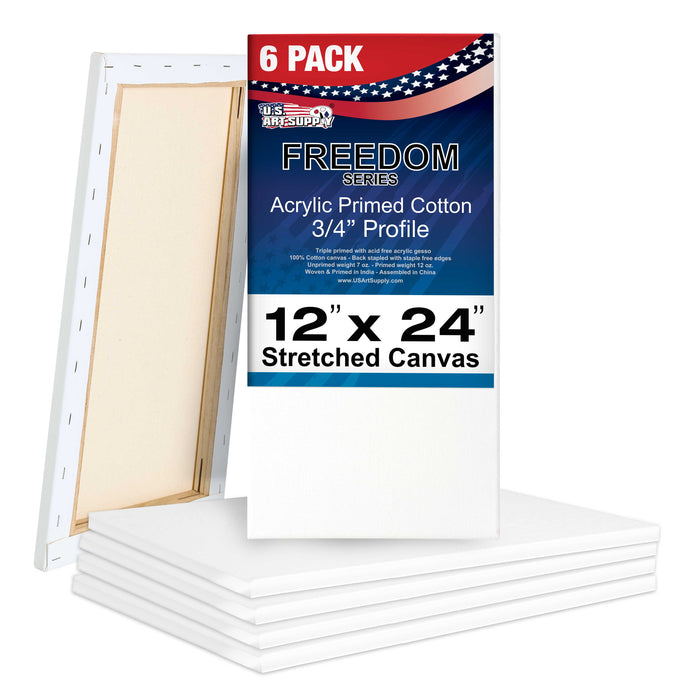 12 x 24 inch Stretched Canvas 12-Ounce Triple Primed, 6-Pack - Professional Artist Quality White Blank 3/4" Profile, 100% Cotton, Heavy-Weight Gesso