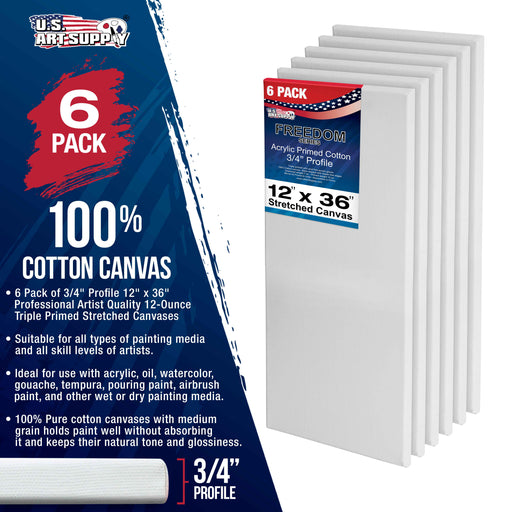 12 x 36 inch Stretched Canvas 12-Ounce Triple Primed, 6-Pack - Professional Artist Quality White Blank 3/4" Profile, 100% Cotton, Heavy-Weight Gesso