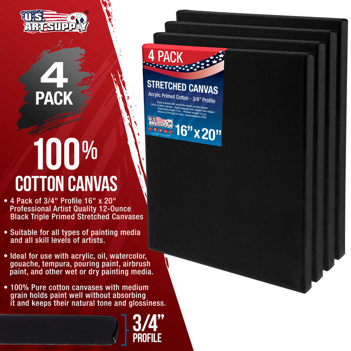 16 x 20 inch Black Stretched Canvas 12-Ounce Primed, 4-Pack - Professional Artist Quality 3/4" Profile, 100% Cotton, Heavy-Weight, Gesso