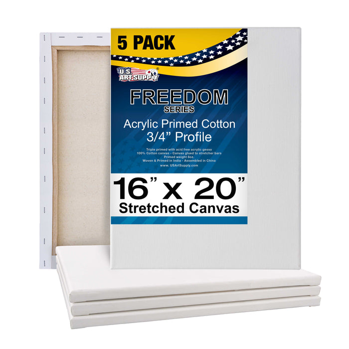 16 x 20 inch Stretched Canvas Super Value 5-Pack - Triple Primed Professional Artist Quality White Blank 5/8" Profile, 100% Cotton, Heavy-Weight Gesso