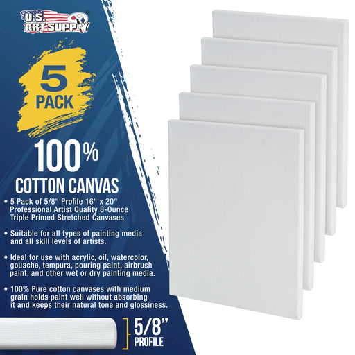 16 x 20 inch Stretched Canvas Super Value 5-Pack - Triple Primed Professional Artist Quality White Blank 5/8" Profile, 100% Cotton, Heavy-Weight Gesso