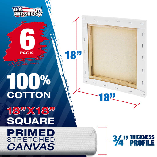 18 x 18 inch Stretched Canvas 12-Ounce Triple Primed, 6-Pack - Professional Artist Quality White Blank 3/4" Profile, 100% Cotton, Heavy-Weight Gesso