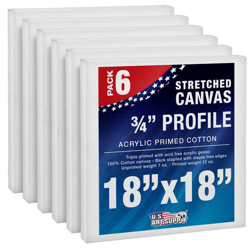 18 x 18 inch Stretched Canvas 12-Ounce Triple Primed, 6-Pack - Professional Artist Quality White Blank 3/4" Profile, 100% Cotton, Heavy-Weight Gesso
