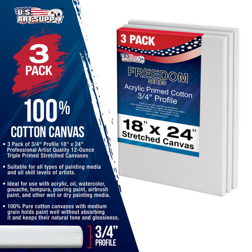 18 x 24 inch Stretched Canvas 12-Ounce Triple Primed, 3-Pack - Professional Artist Quality White Blank 3/4" Profile, 100% Cotton, Heavy-Weight Gesso - Acrylic Pouring, Oil Painting