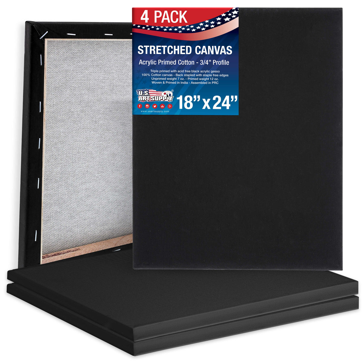 18 X 24 Black, Artist Quality 12oz. Cotton Stretched Canvas 4pk