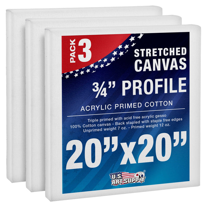 20 x 20 inch Stretched Canvas 12-Ounce Triple Primed, 3-Pack - Professional Artist Quality White Blank 3/4" Profile, 100% Cotton, Heavy-Weight Gesso