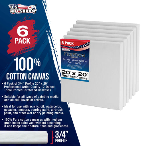 20 x 20 inch Stretched Canvas 12-Ounce Triple Primed, 6-Pack - Professional Artist Quality White Blank 3/4" Profile, 100% Cotton, Heavy-Weight Gesso