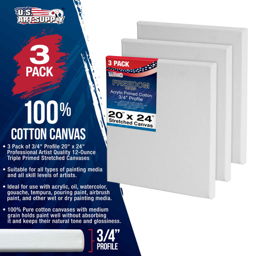 20 x 24 inch Stretched Canvas 12-Ounce Triple Primed, 3-Pack - Professional Artist Quality White Blank 3/4" Profile, 100% Cotton, Heavy-Weight Gesso