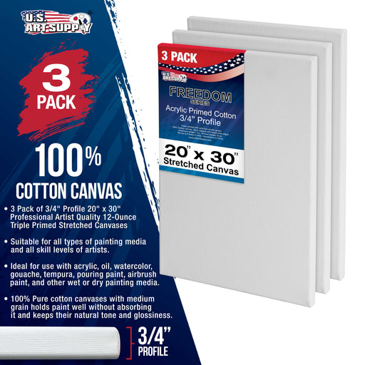 20 x 30 inch Stretched Canvas 12-Ounce Triple Primed, 3-Pack - Professional Artist Quality White Blank 3/4" Profile, 100% Cotton, Heavy-Weight Gesso