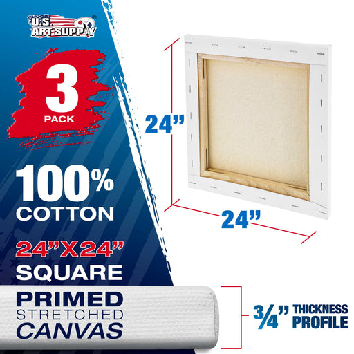 24 x 24 inch Stretched Canvas 12-Ounce Triple Primed, 3-Pack - Professional Artist Quality White Blank 3/4" Profile, 100% Cotton, Heavy-Weight Gesso
